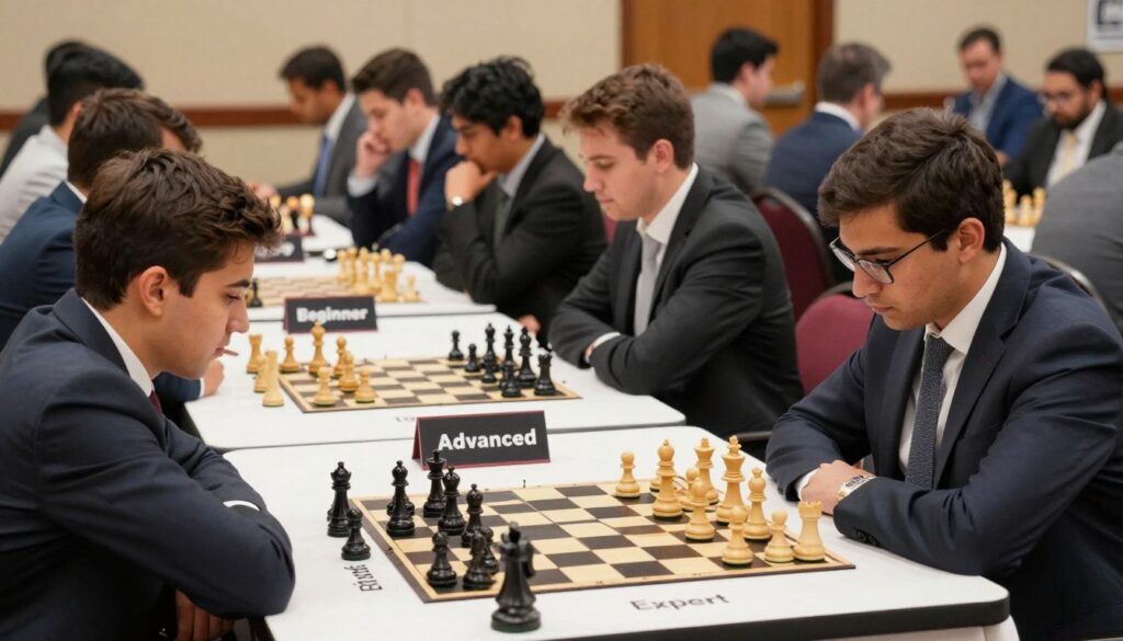 Visualize a dynamic chess tournament setting showcasing various rating sections that reflect the competitive environment of a USCF chess tournament. In the foreground, depict an organized table with chess boards set up, each labeled with different rating sections: "Beginner," "Intermediate," "Advanced," and "Expert," positioned prominently. In the middle ground, show groups of players intensely focused on their games, dressed in professional business attire, emphasizing the serious yet engaging atmosphere. In the background, include spectators observing and discussing strategies, subtly lit by warm overhead lights creating a cozy yet competitive ambiance. Use a shallow depth of field to keep focus on the players and boards, while the spectators blur slightly, enhancing the sense of engagement. The overall mood should convey excitement, concentration, and the spirit of friendly competition, embodying the essence of "Chess Classes USA."
