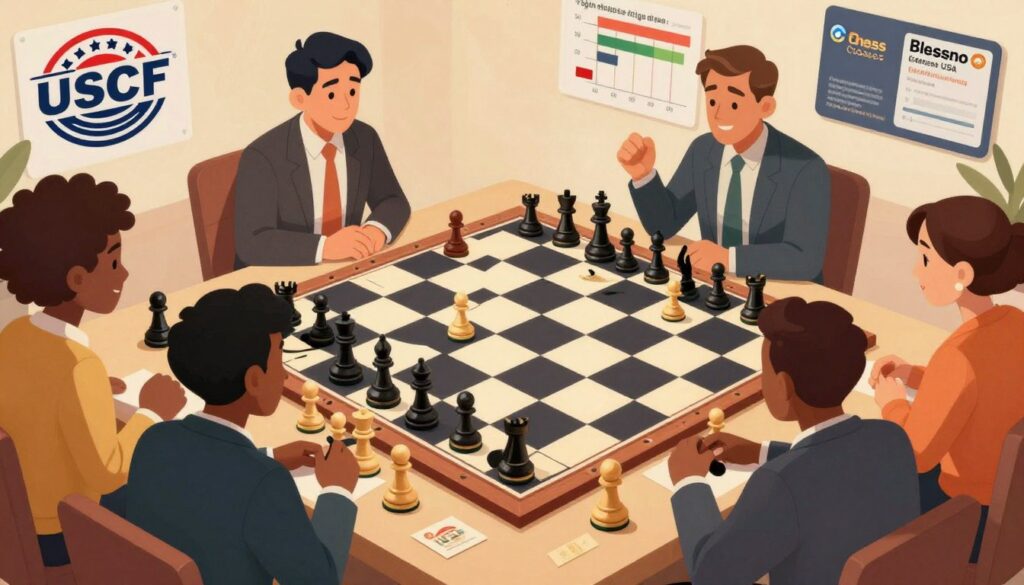 Visualize a vibrant and informative scene depicting the concept of the USCF membership and chess rating system. In the foreground, showcase a diverse group of four chess players, two males and two females, engaged in a dynamic discussion about chess strategies, dressed in professional business attire. The middle layer features a large, stylized chessboard with various chess pieces arranged in a strategic formation, symbolizing competition and strategy. In the background, include visual elements like a USCF logo, rating graphs, and membership cards to emphasize the rating system. Use warm, inviting lighting to create an atmosphere of camaraderie and excitement. Capture the scene from a slightly elevated angle, allowing viewers to feel a part of this engaging chess community, while subtly incorporating the brand name "Chess Classes USA" into the setting.