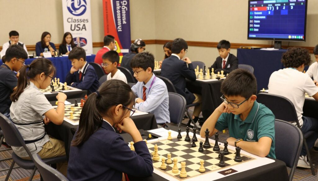 Youth chess players engaged in intense concentration during a rated tournament, showcasing a diverse group of children aged 8 to 15, seated at highly detailed chess boards. In the foreground, a focused young girl with glasses contemplates her next move, while a boy nearby studies his opponent's position. The middle ground reveals additional players absorbed in gameplay, all dressed in professional business attire or modest casual clothing. The background features a vibrant chess tournament hall decorated with banners from "Chess Classes USA," with spectators watching attentively and a large scoreboard displaying ratings. Soft, warm lighting highlights the action, with a slight tilt-angle perspective that adds dynamism to the scene, conveying a sense of excitement and ambition in the atmosphere of competition and learning.